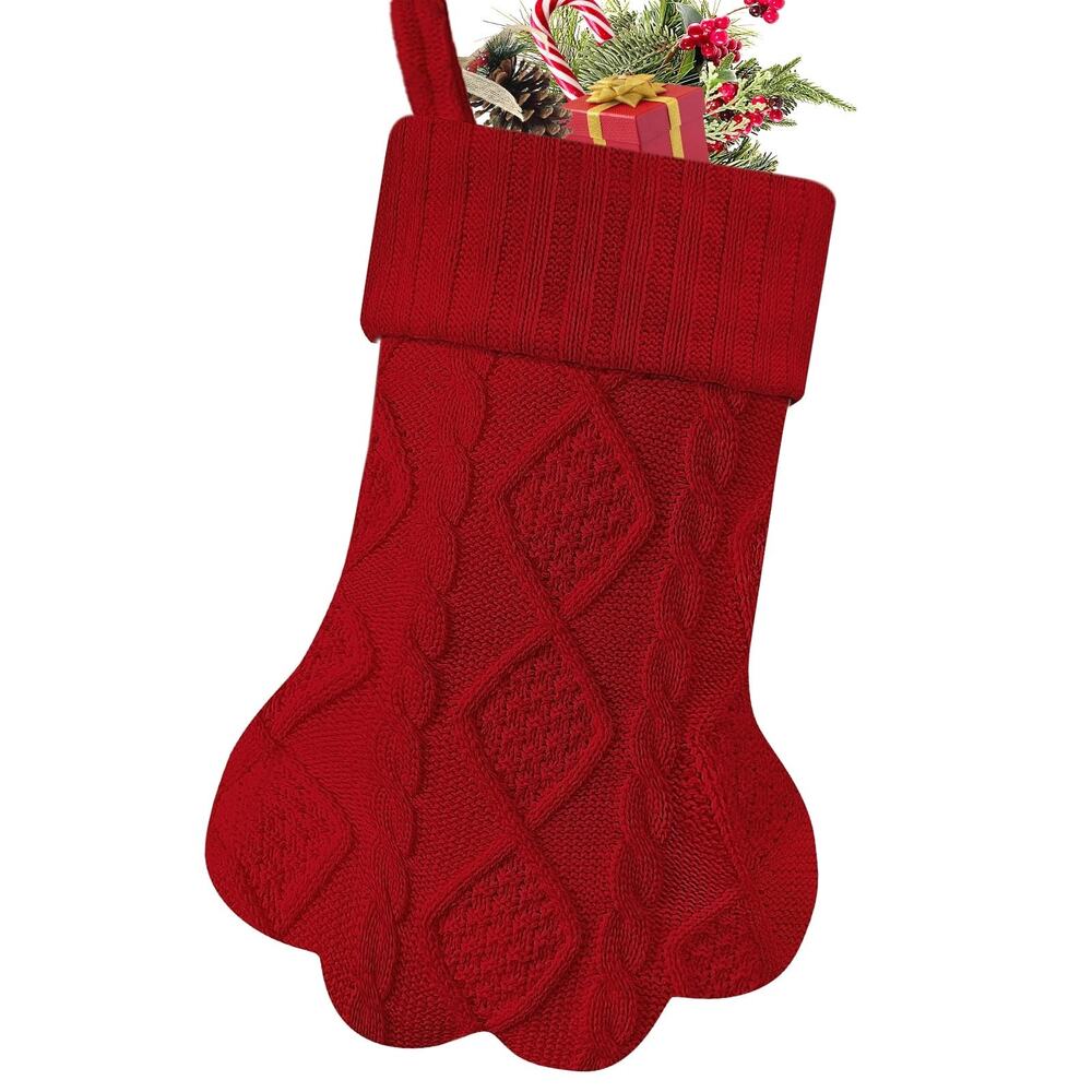 Paw Print Pet Christmas Stocking Cable Knit Red Dog Cat Holiday Decor Hanging